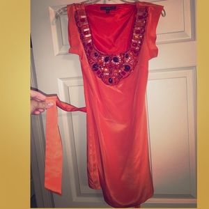 Single Brand Orange Silk Dress with belt and beads